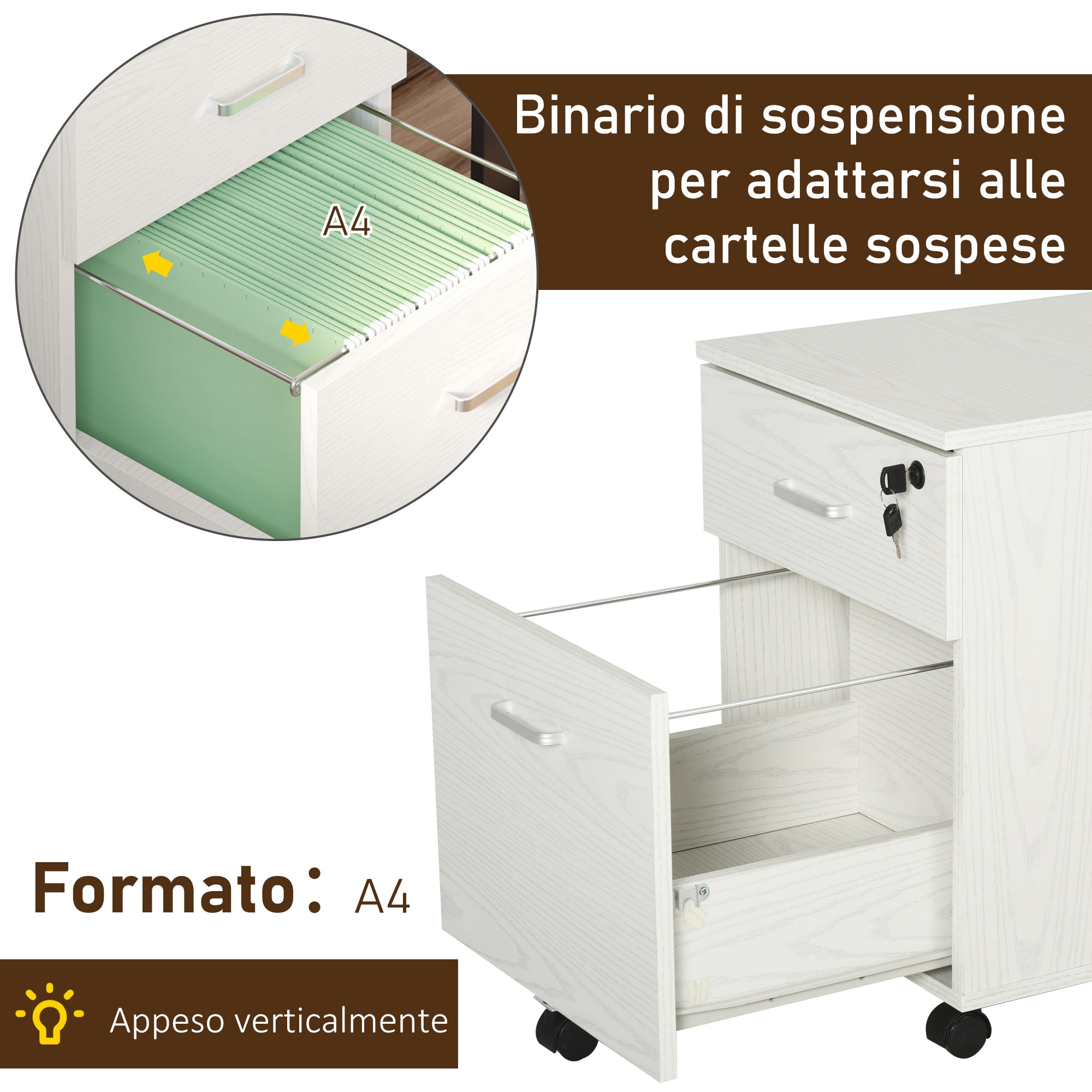 Cassettiera Portadocumenti da Ufficio 40x44x54,6 cm 2 Cassetti in Legno  Bianca