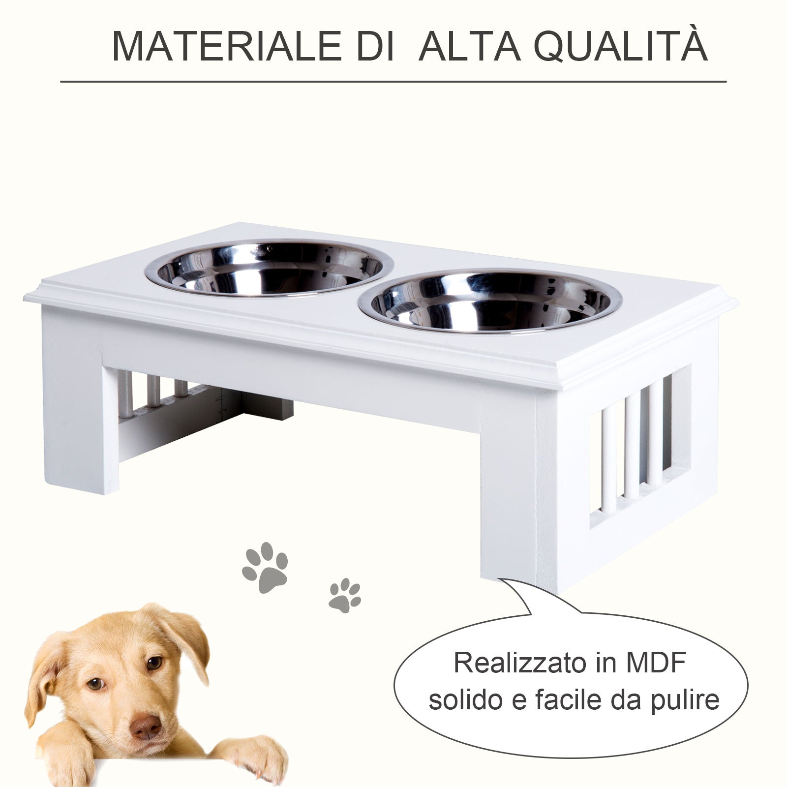 Ciotola per Cani Rialzata 2 Piatti in Acciaio 44x24x15 cm   Bianca