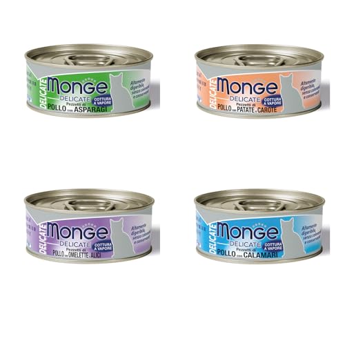 Monge delicate scatolette umido gatto 80g. Confezione risparmio 80g X 24 flavor: POLLO PATATE CAROTE, size: 80g