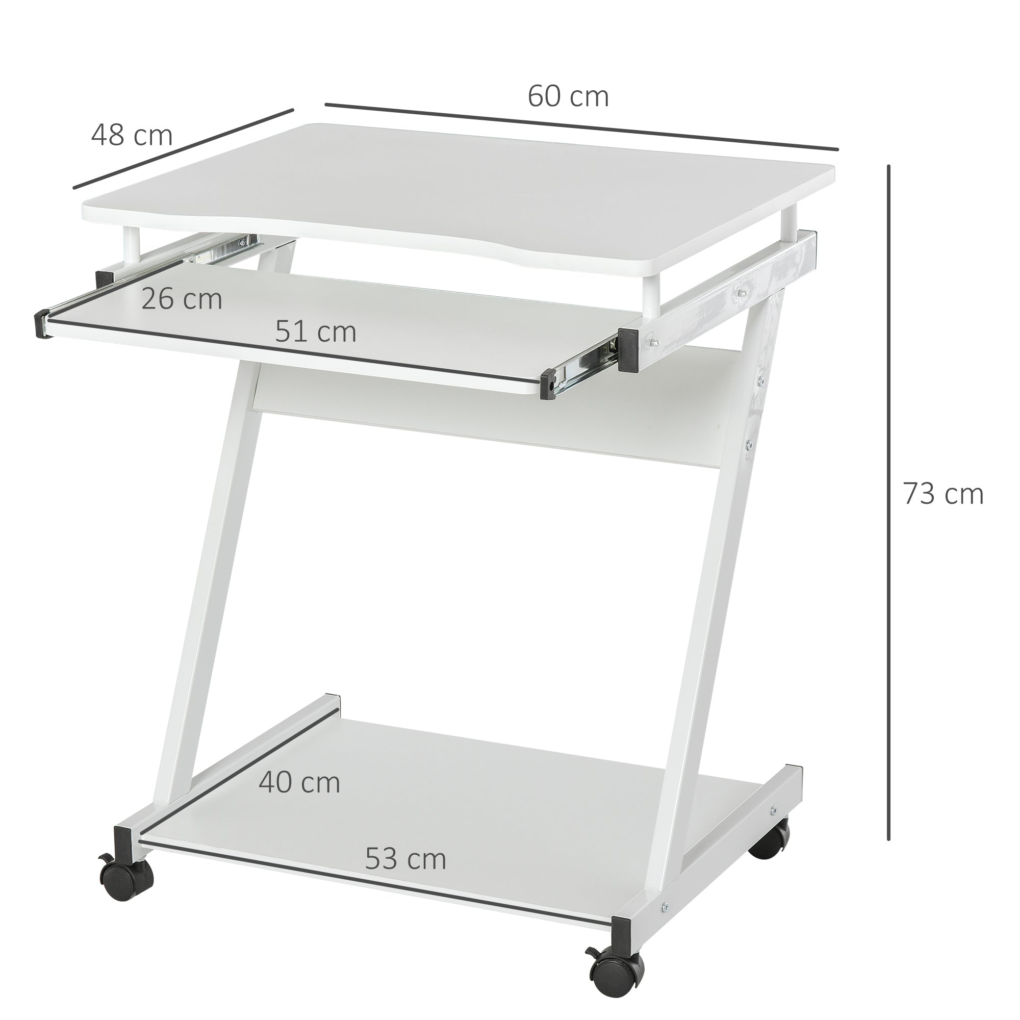 Scrivania Porta PC 60x48x73 cm con Ruote  Bianca