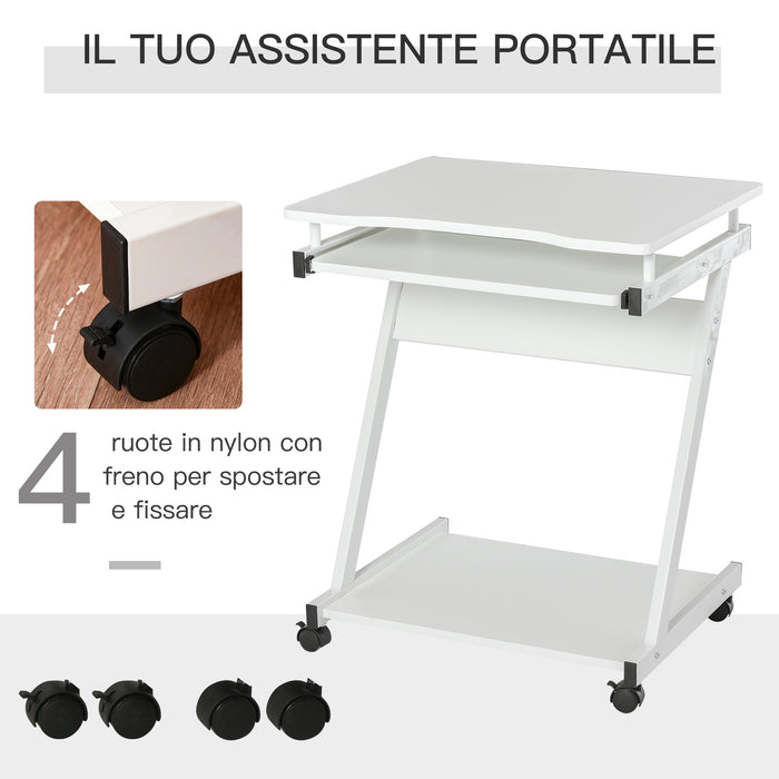 Scrivania Porta PC 60x48x73 cm con Ruote  Bianca