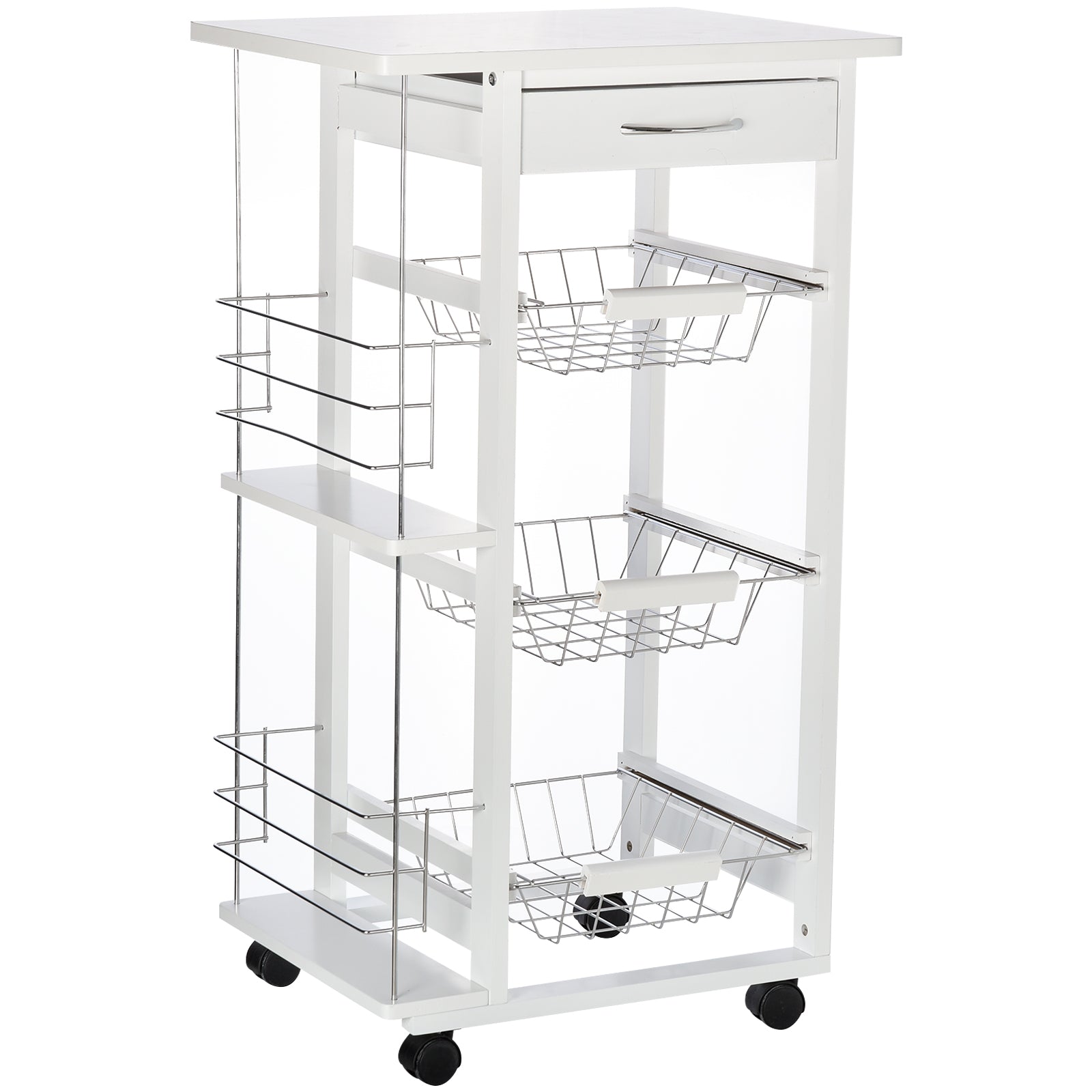 Carrello da Cucina 47x37x83 cm 3 Cesti 2 Portabottiglie  Bianco