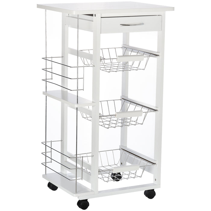 Carrello da Cucina 47x37x83 cm 3 Cesti 2 Portabottiglie  Bianco