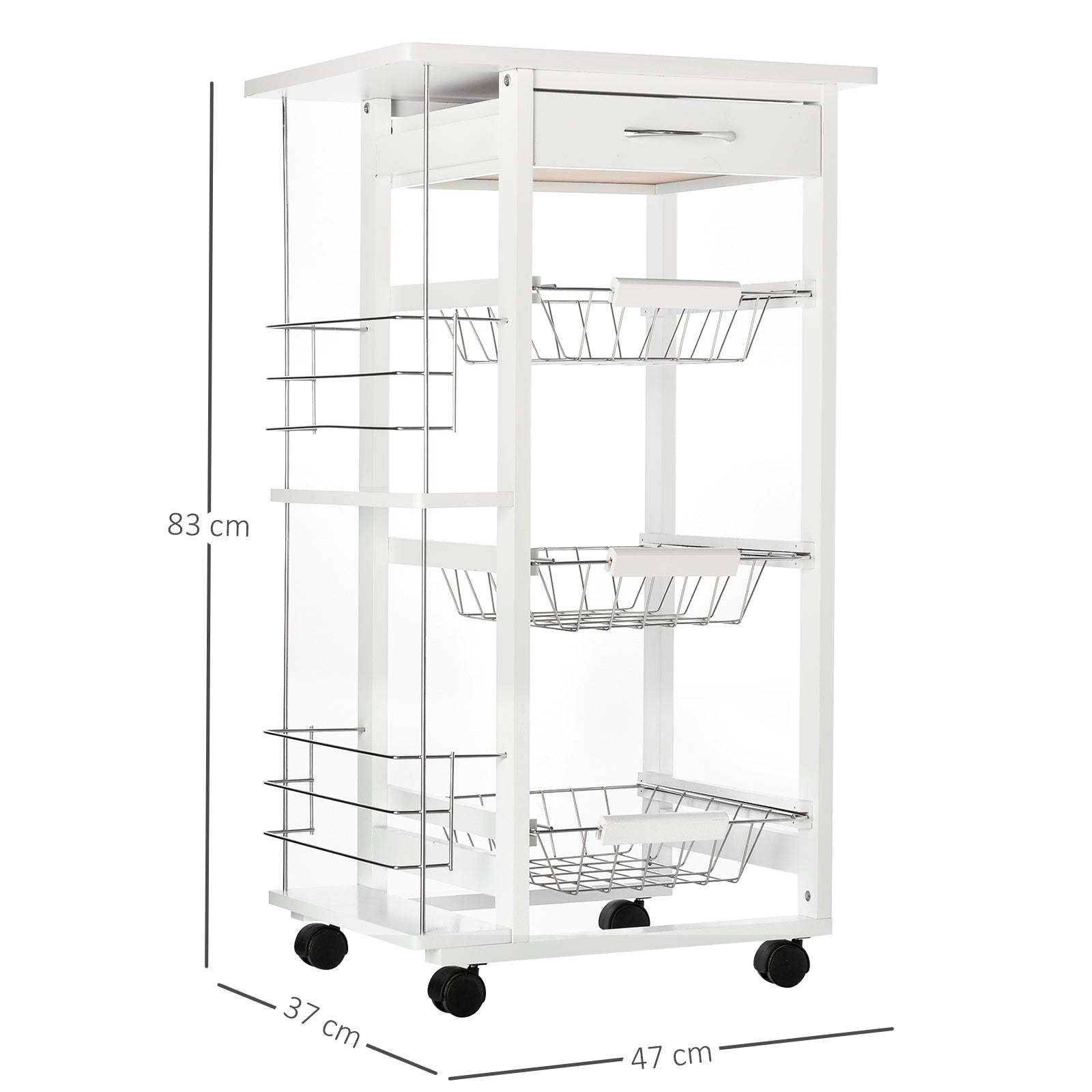 Carrello da Cucina 47x37x83 cm 3 Cesti 2 Portabottiglie  Bianco