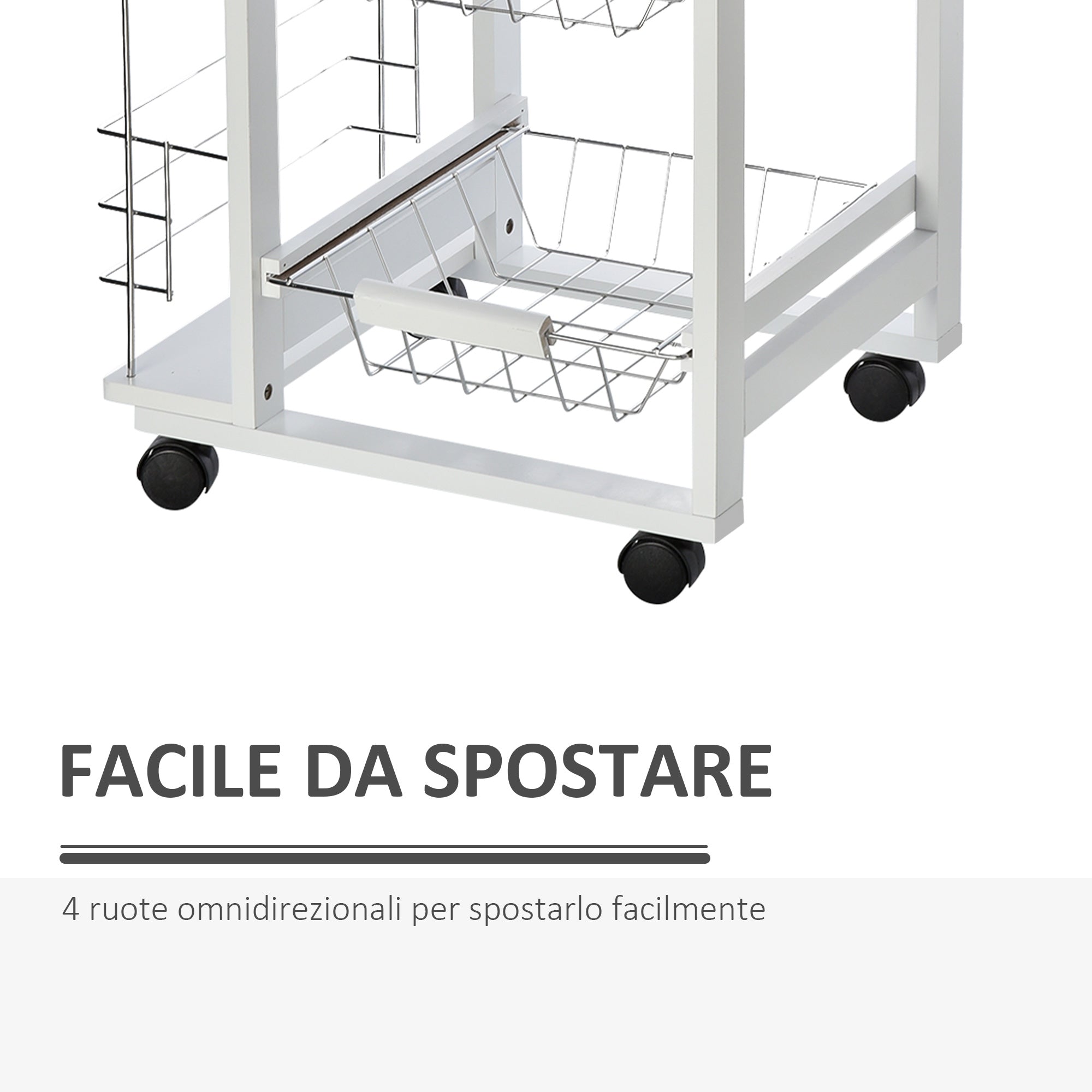 Carrello da Cucina 47x37x83 cm 3 Cesti 2 Portabottiglie  Bianco