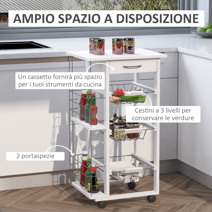 Carrello da Cucina 47x37x83 cm 3 Cesti 2 Portabottiglie  Bianco