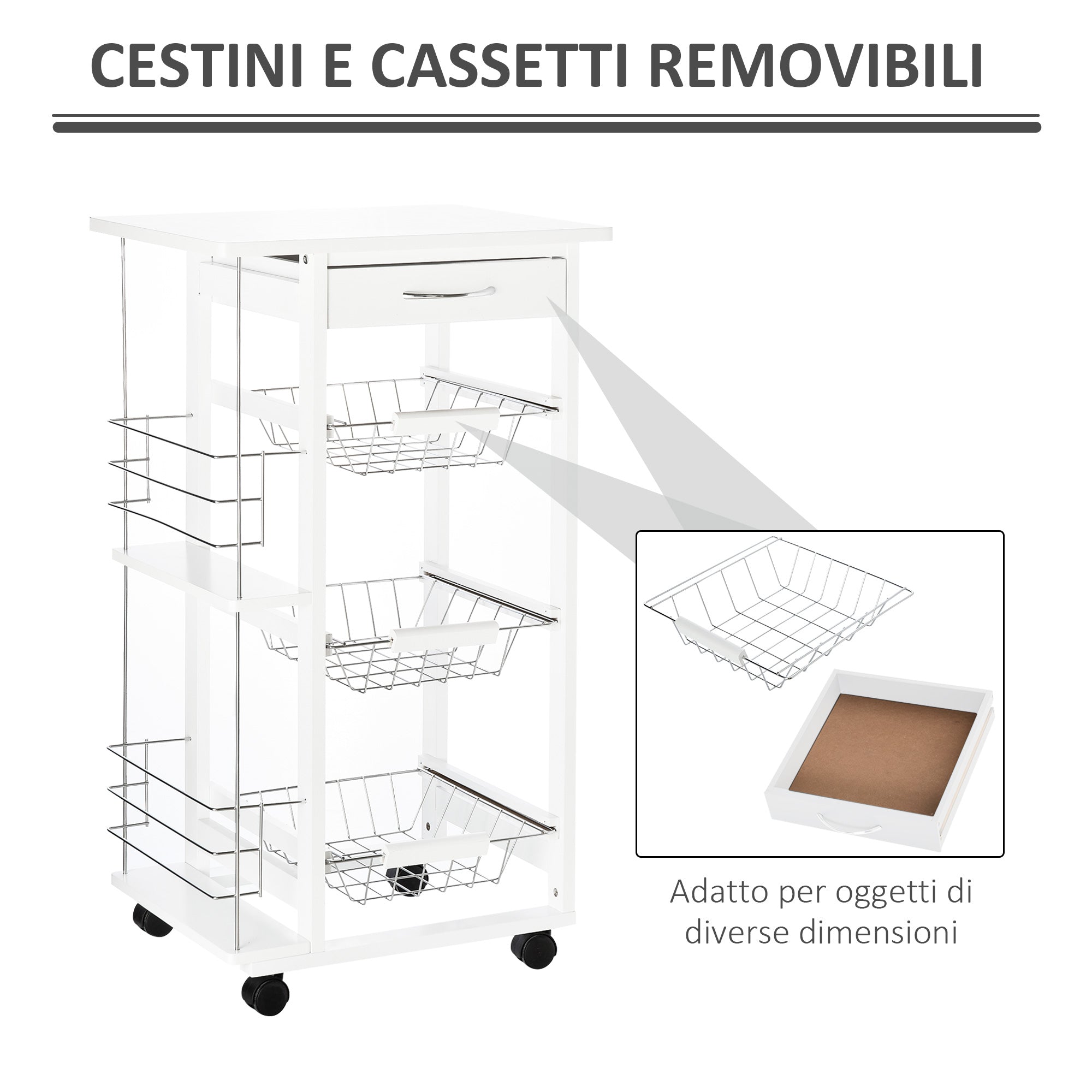 Carrello da Cucina 47x37x83 cm 3 Cesti 2 Portabottiglie  Bianco