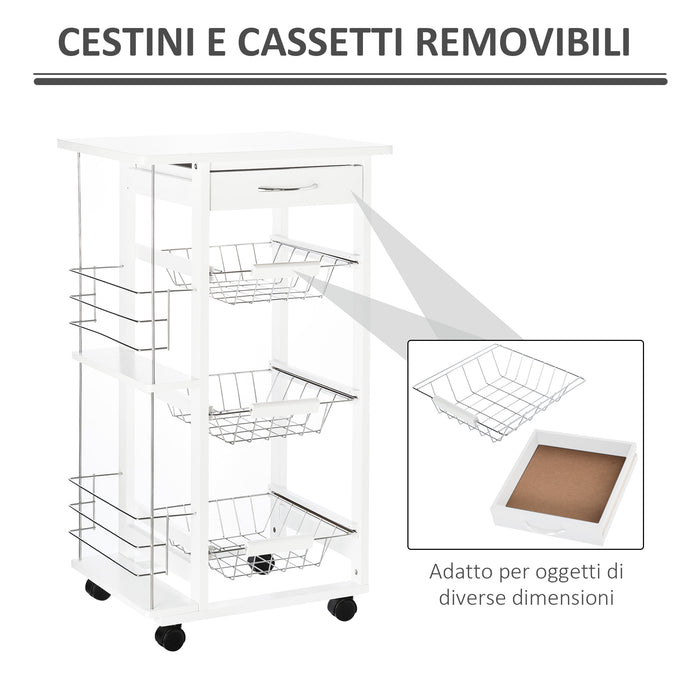 Carrello da Cucina 47x37x83 cm 3 Cesti 2 Portabottiglie  Bianco