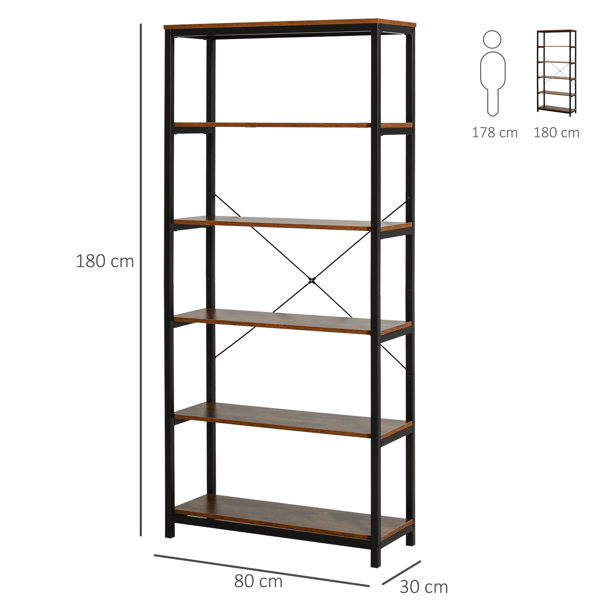 Libreria 6 Ripiani 80x30x180 cm in Legno e Metallo  Nera