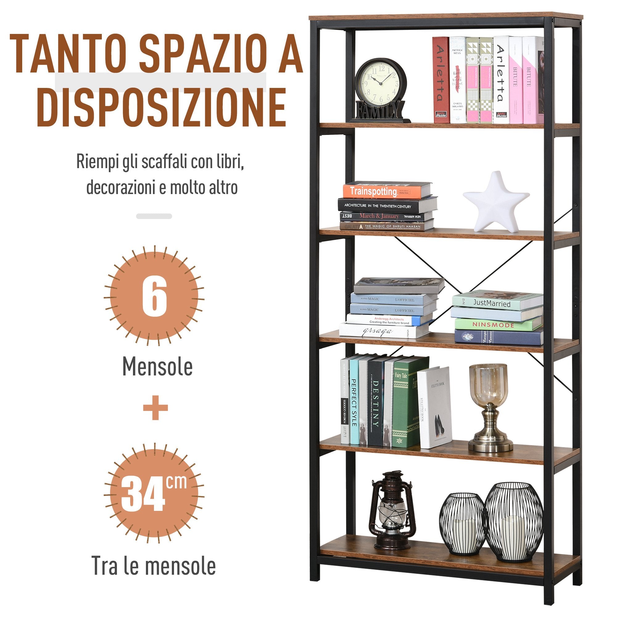 Libreria 6 Ripiani 80x30x180 cm in Legno e Metallo  Nera