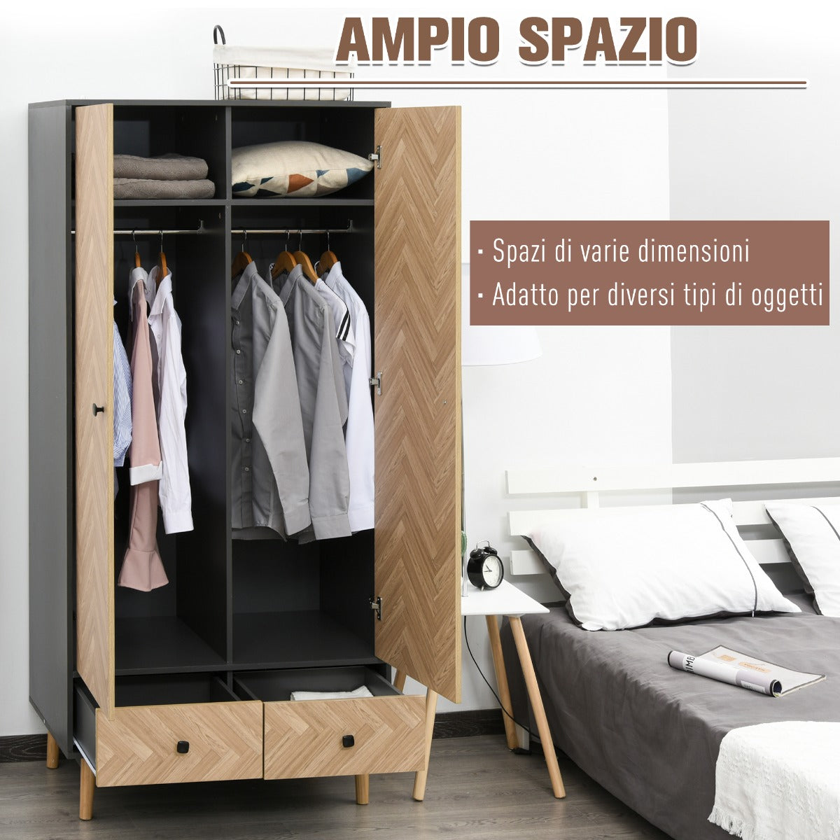 Armadio 2 Ante 2 Cassetti 90x50x190 cm in Legno  Grigio Scuro