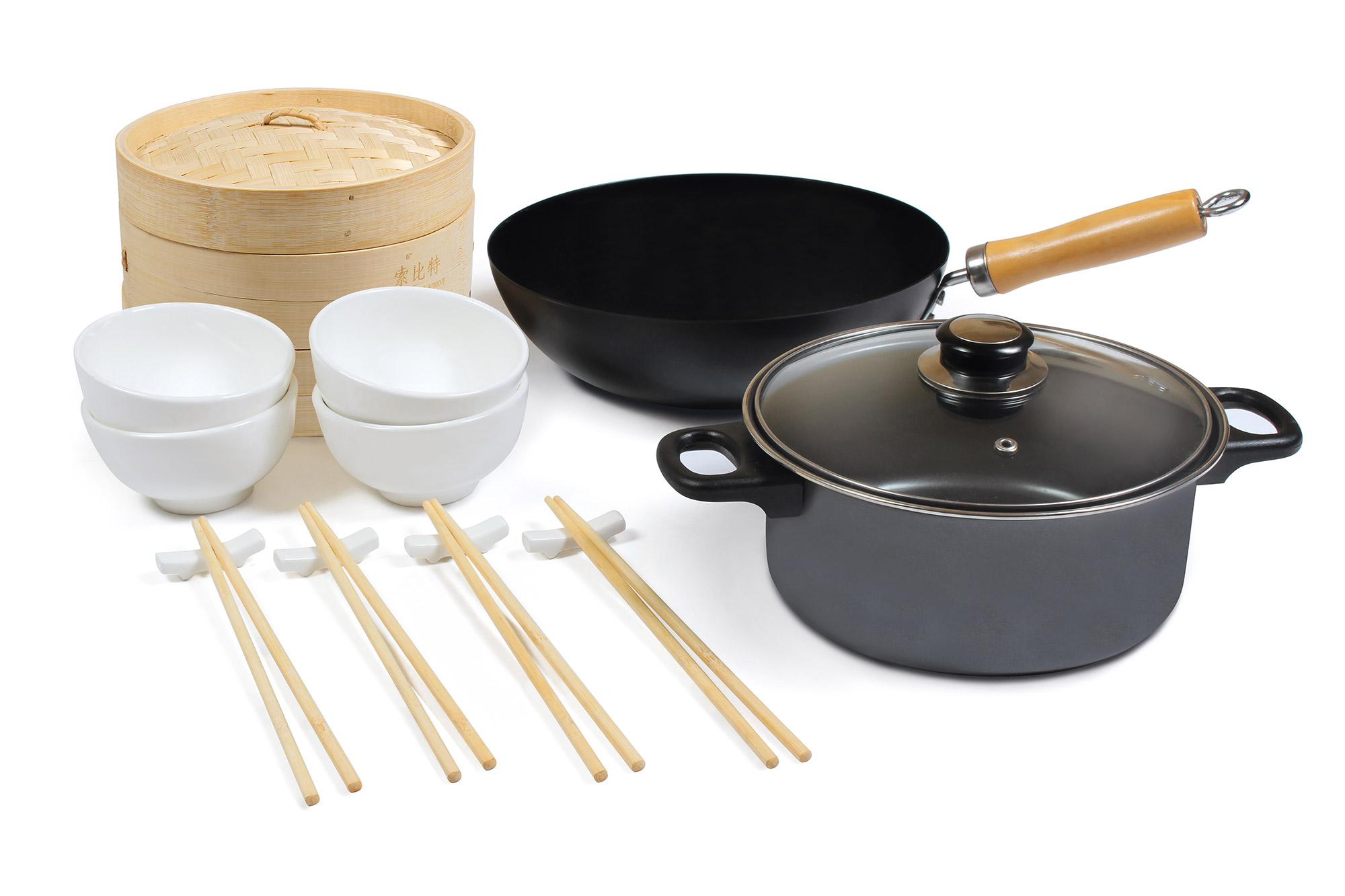 Wok Set 22 Pezzi Carbon Steel per Cucina Giapponese con Casseruola Collection Kyoyo Nero