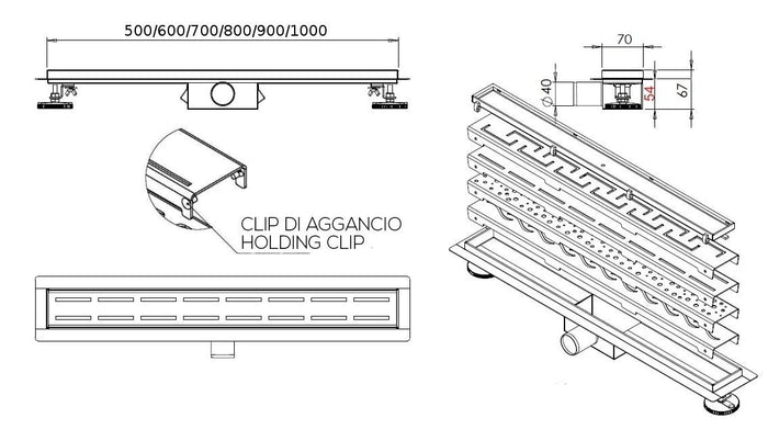 Canalina di Scarico 40x7 cm Piastrellabile in acciaio inox a Pavimento Bonussi