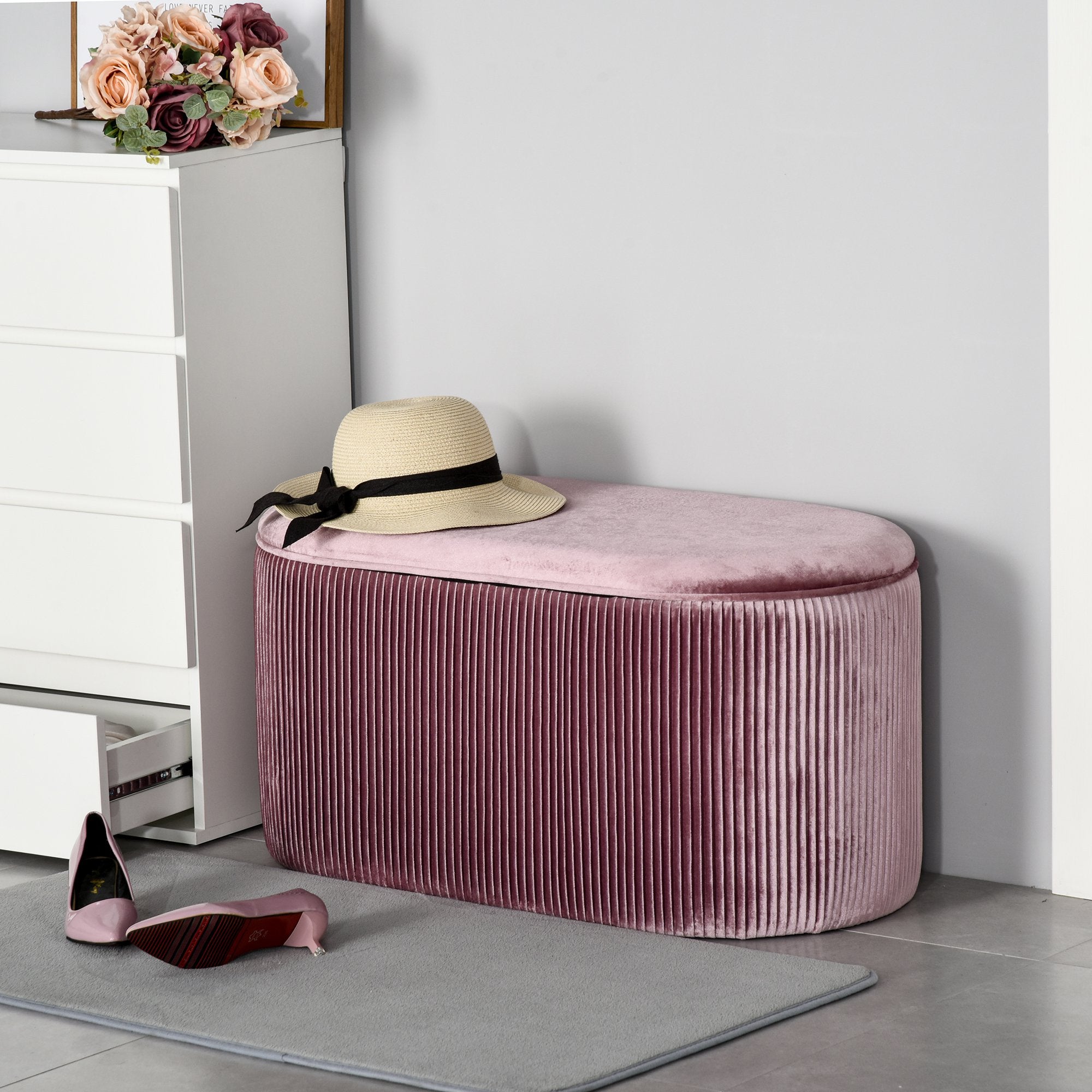 Pouf Sgabello Contenitore 81x40x41 cm in Tessuto Vellutato  Rosa