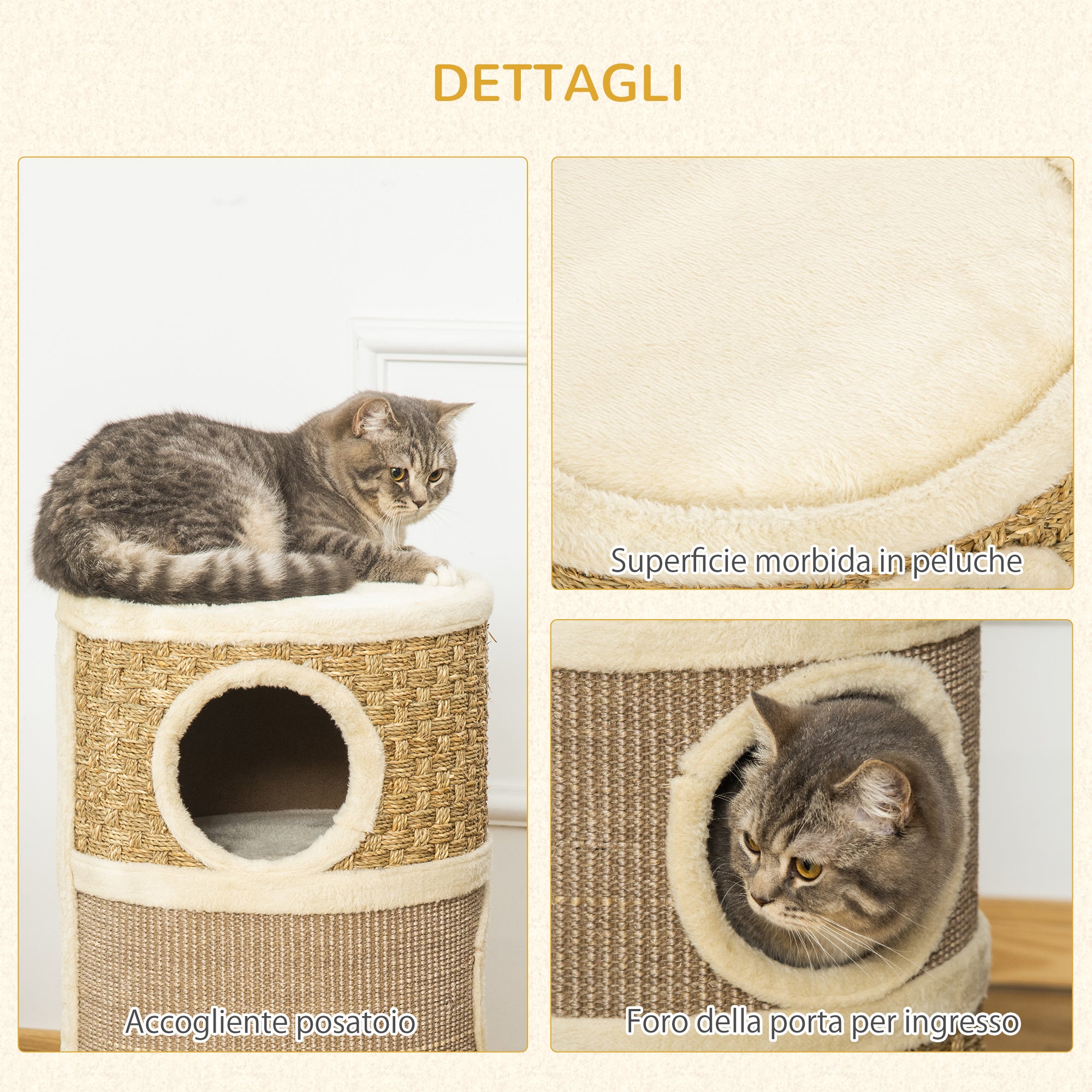 Cuccia per Gatti Tiragraffi a Torre Ø37,5x70 cm con Corda in Sisal  Marrone