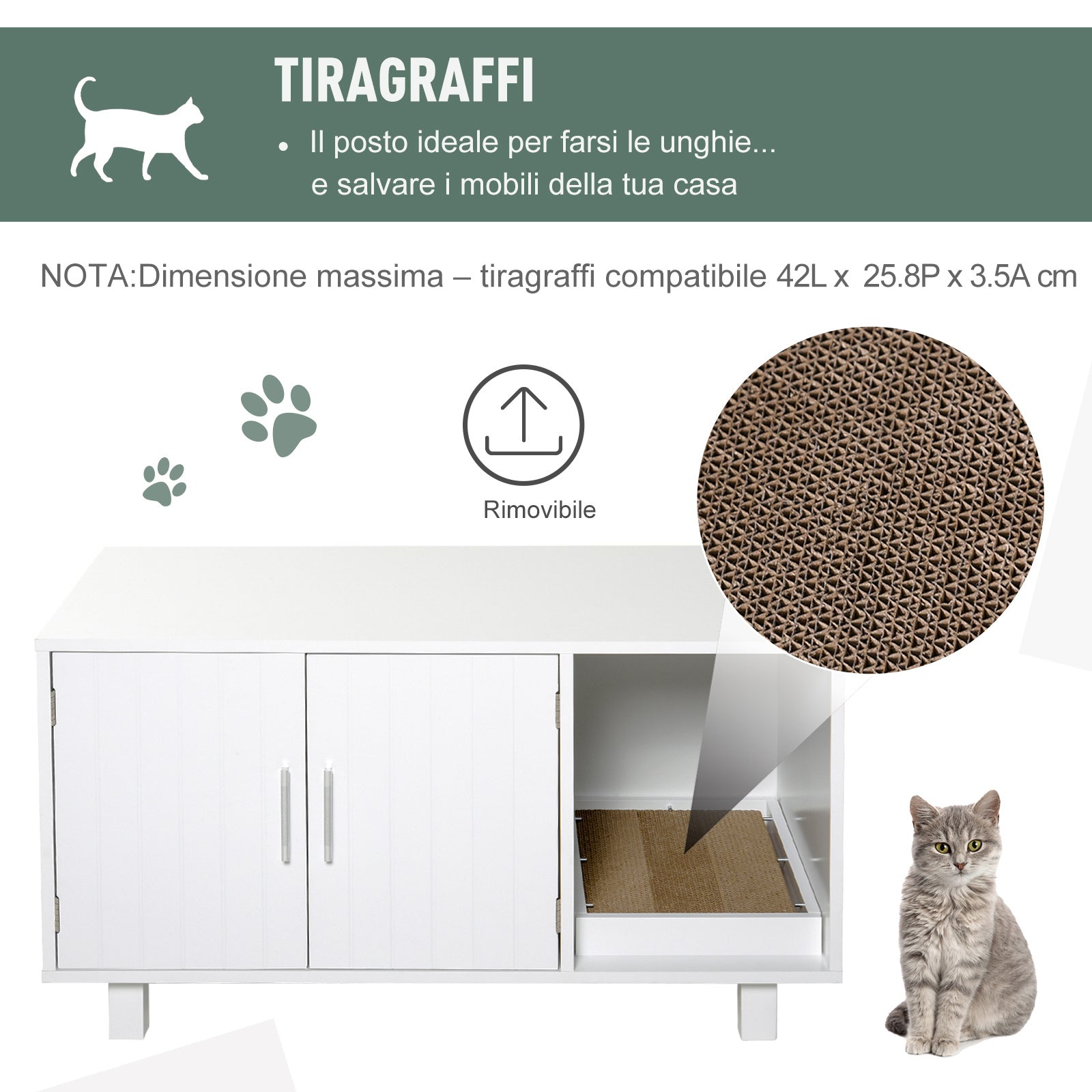 Mobile Lettiera per Gatti 91x52x50,5 cm 2 Ante con Tiragraffi  Bianca