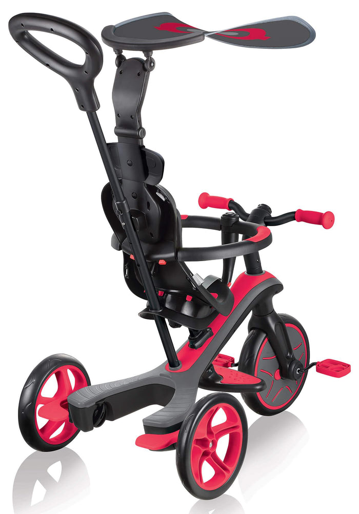 Passeggino Triciclo per Bambini con Maniglione e Tettuccio Globber Explorer Trike 4 in 1 Rosso