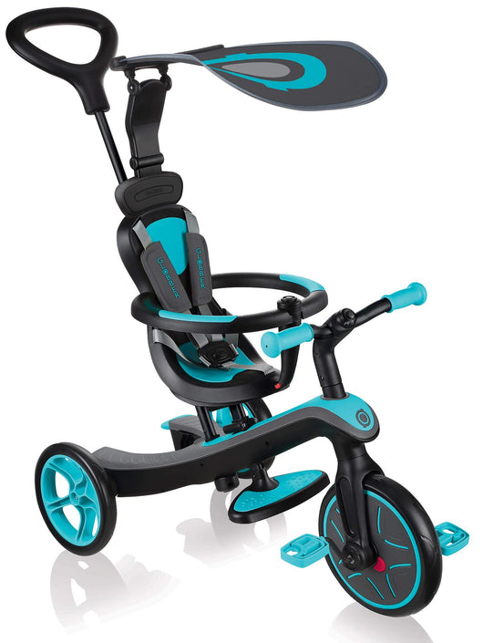 Passeggino Triciclo per Bambini con Maniglione e Tettuccio Globber Explorer Trike 4 in 1 Turchese