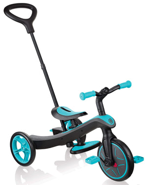 Passeggino Triciclo per Bambini con Maniglione e Tettuccio Globber Explorer Trike 4 in 1 Turchese