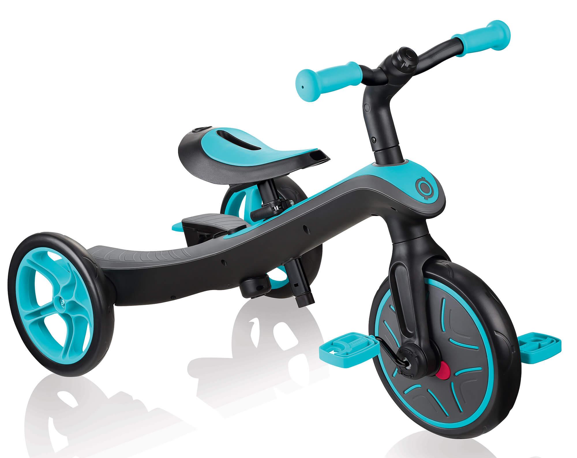 Passeggino Triciclo per Bambini con Maniglione e Tettuccio Globber Explorer Trike 4 in 1 Turchese