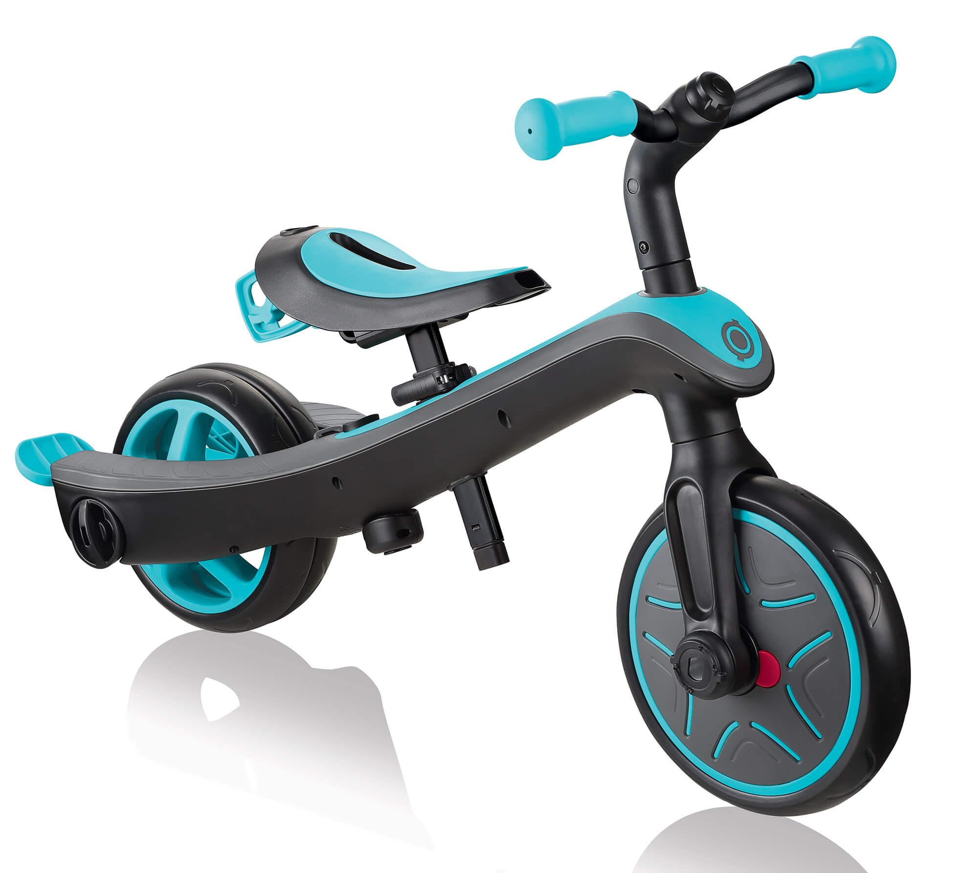 Passeggino Triciclo per Bambini con Maniglione e Tettuccio Globber Explorer Trike 4 in 1 Turchese