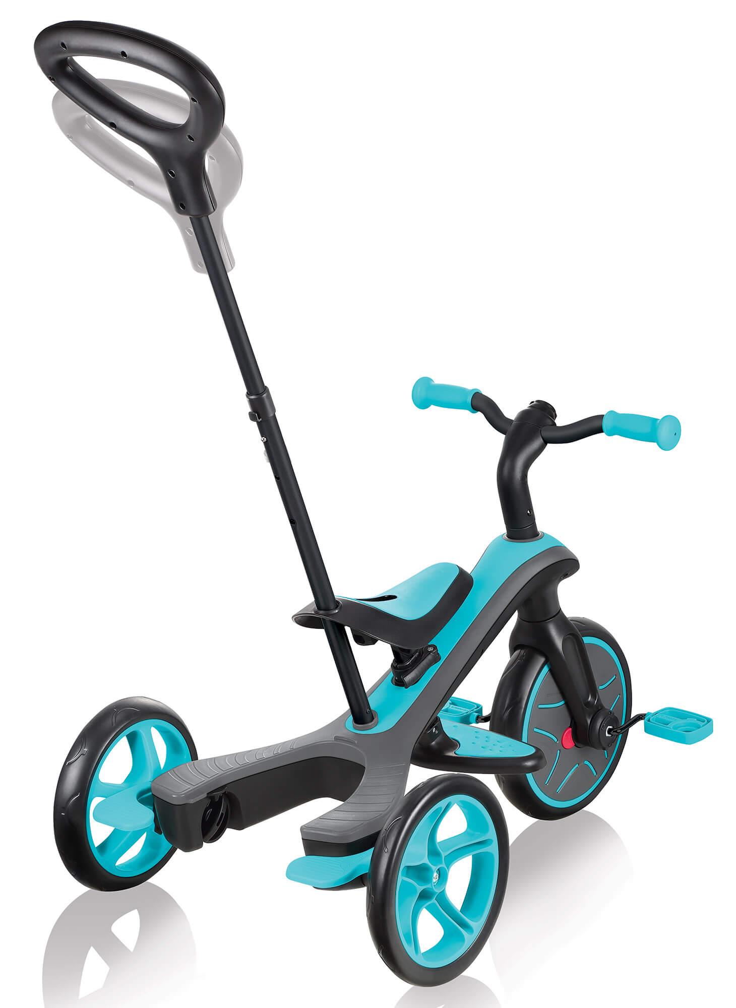 Passeggino Triciclo per Bambini con Maniglione e Tettuccio Globber Explorer Trike 4 in 1 Turchese