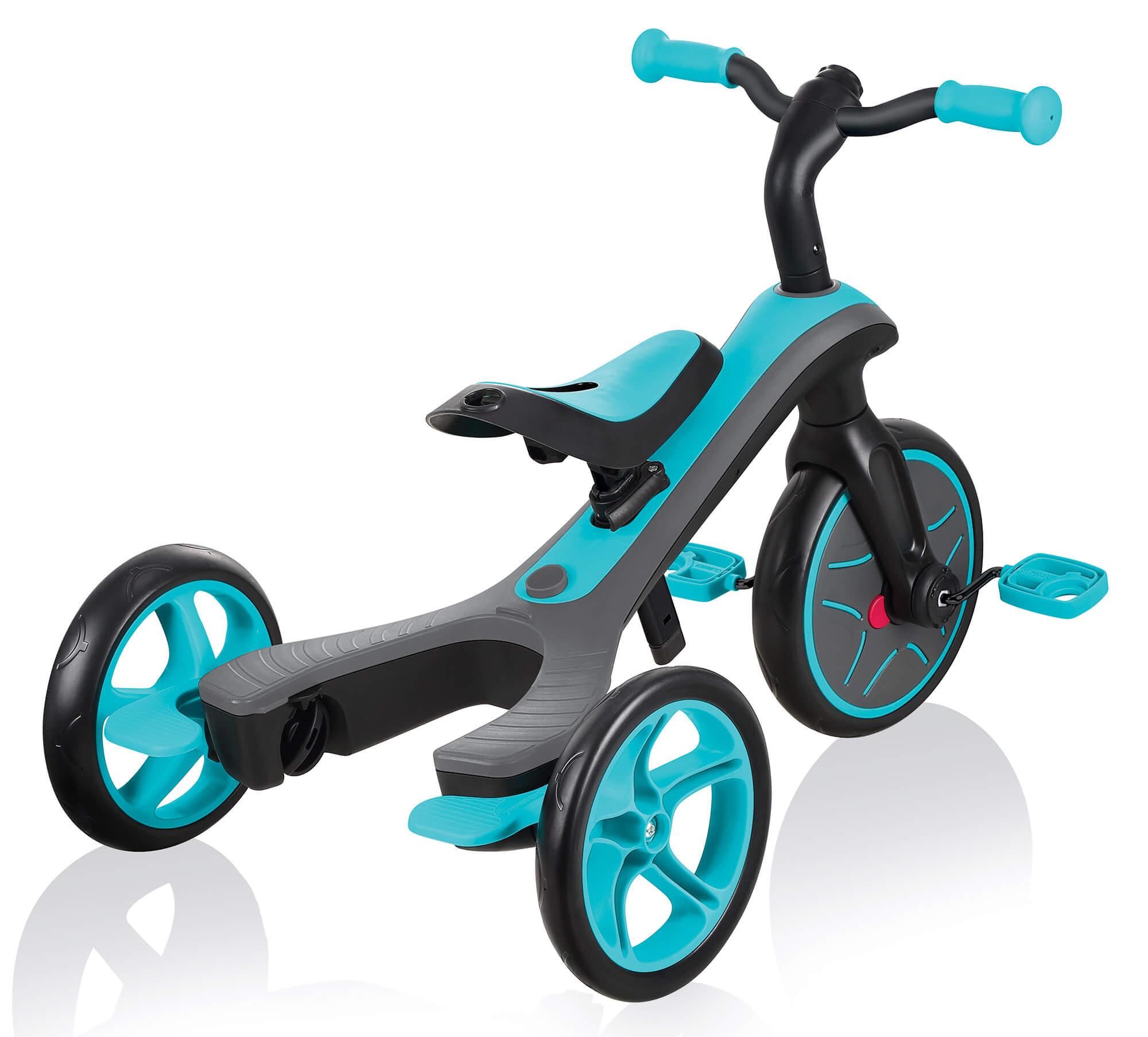 Passeggino Triciclo per Bambini con Maniglione e Tettuccio Globber Explorer Trike 4 in 1 Turchese