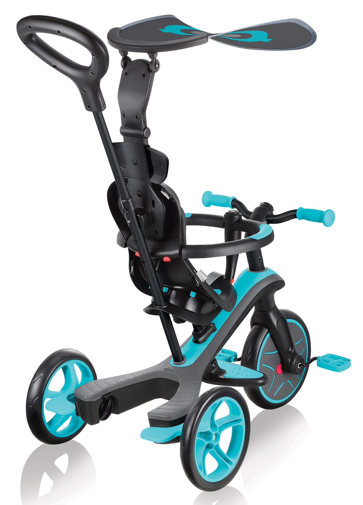 Passeggino Triciclo per Bambini con Maniglione e Tettuccio Globber Explorer Trike 4 in 1 Turchese