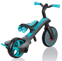 Passeggino Triciclo per Bambini con Maniglione e Tettuccio Globber Explorer Trike 4 in 1 Turchese