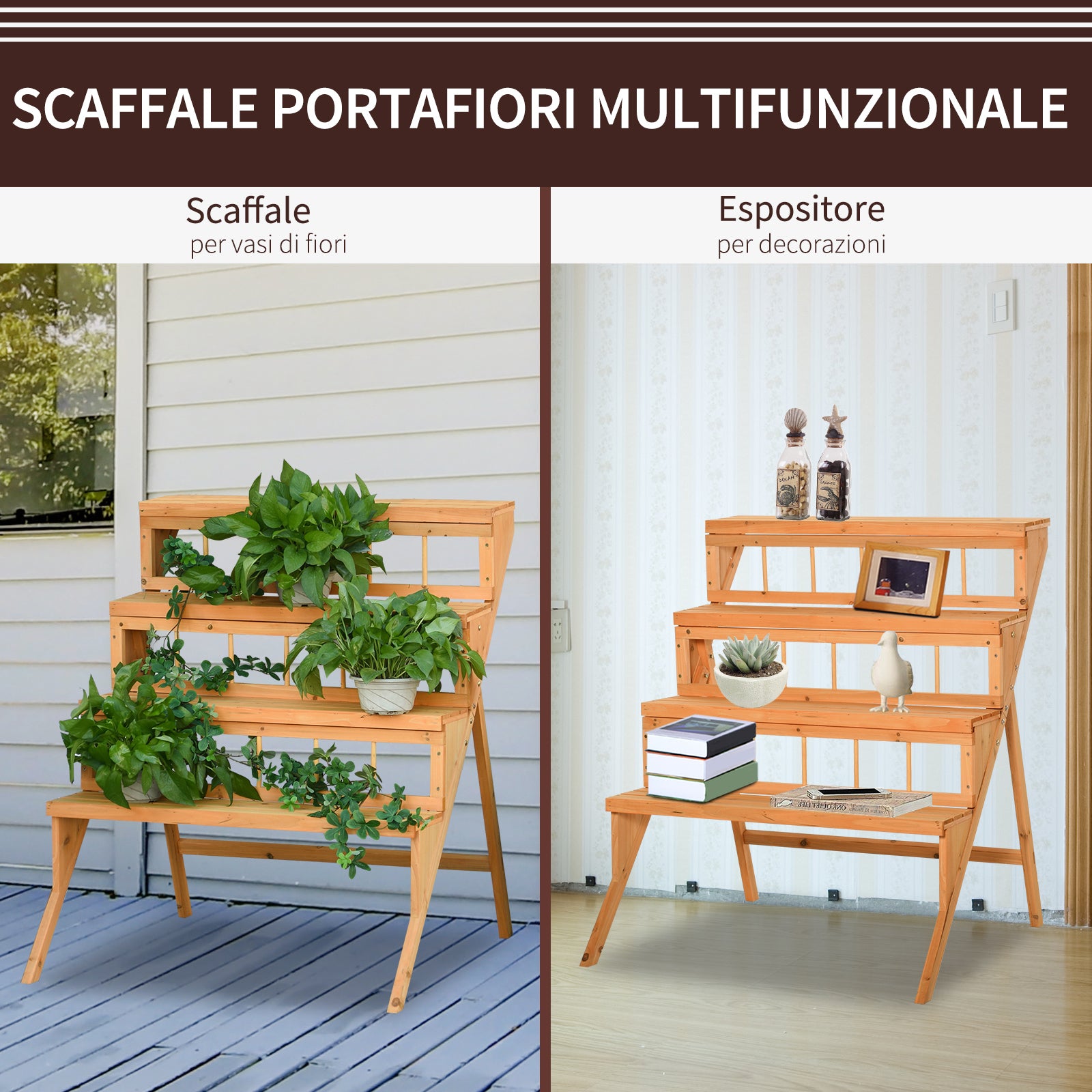 Scaletta Portavasi 4 Ripiani 90x84x106 cm in Legno Naturale