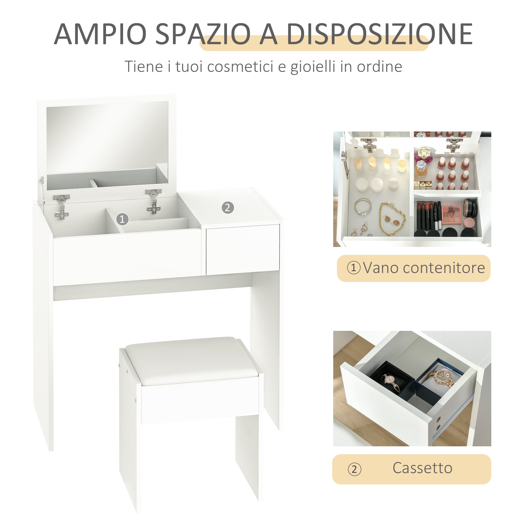 Consolle Trucco con Specchio e Sgabello 80x40x79 cm in Legno Bianca