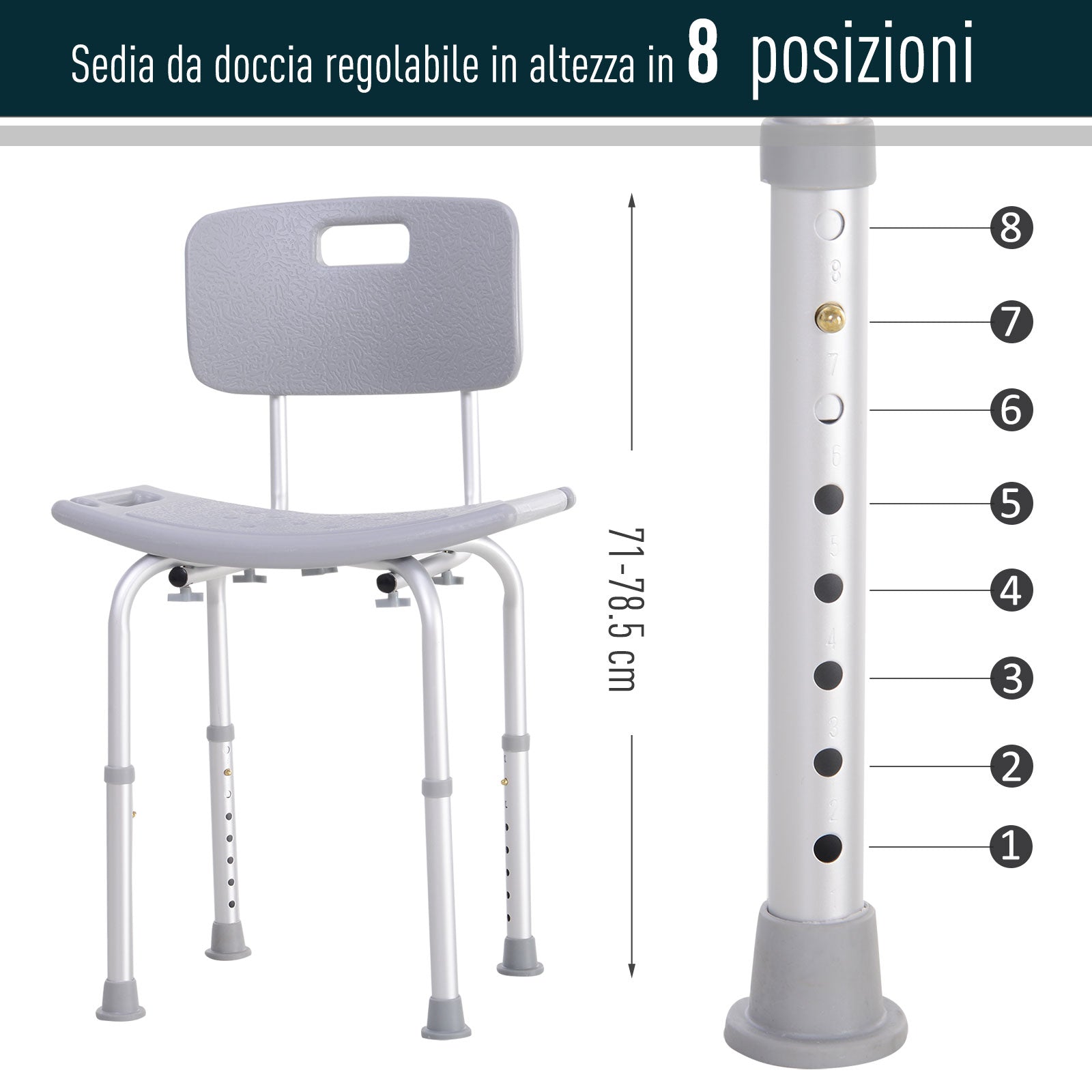 Sedia per Doccia Regolabile in Altezza in Alluminio e Plastica Argento e Grigio