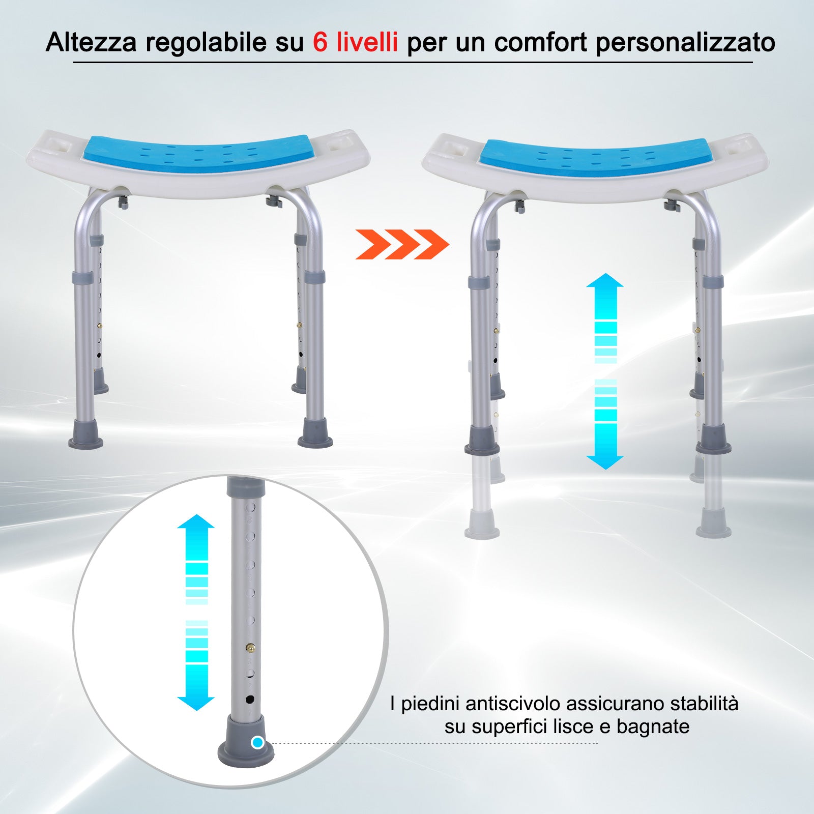 Sgabello da Doccia Regolabile in Altezza in Alluminio Bianco