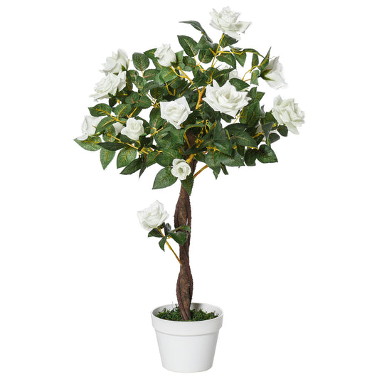 Alberello Camelia Artificiale con 21 Fiori H90 cm con Vaso Bianco e Verde