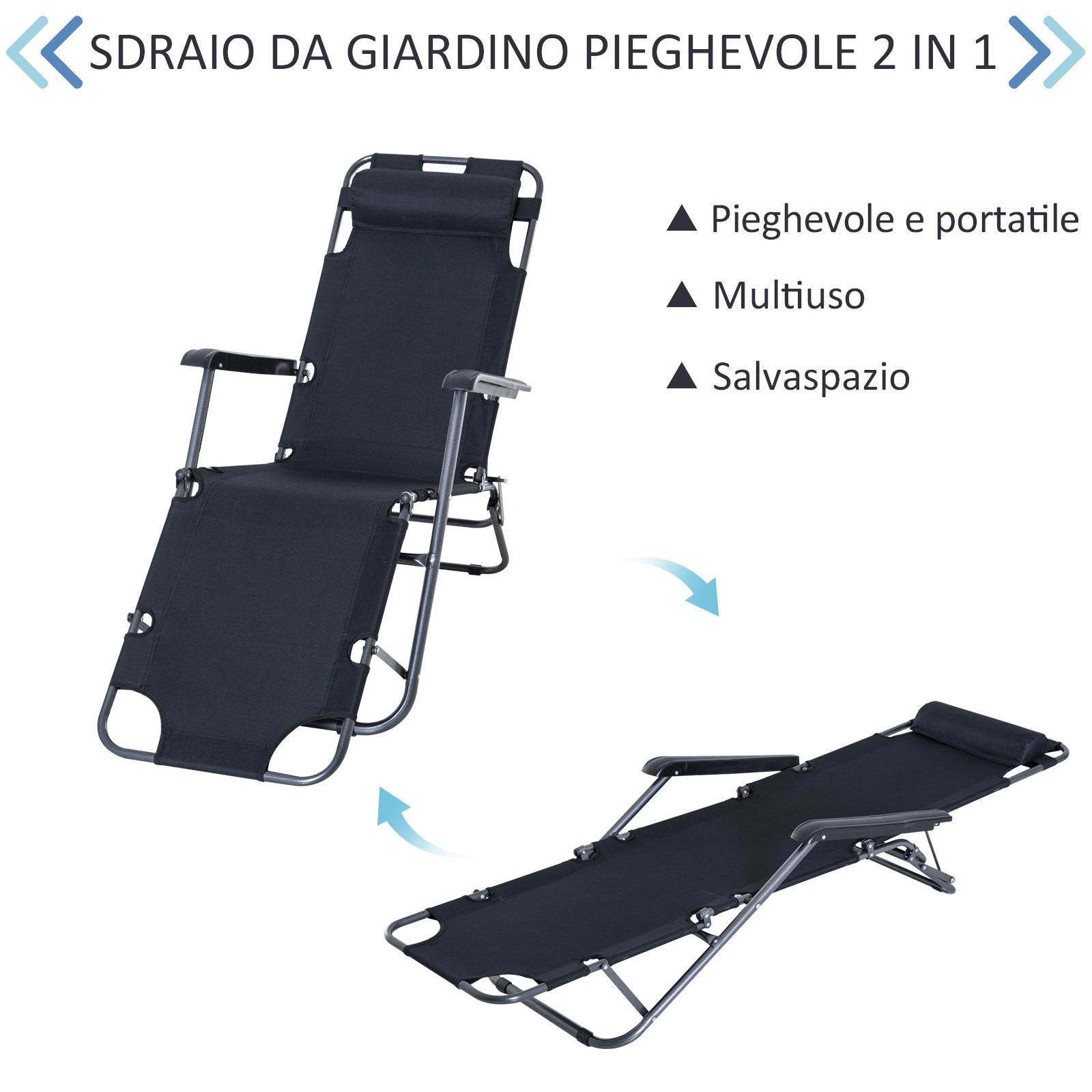 Sedia Sdraio Reclinabile Pieghevole in Metallo e Textilene Nera