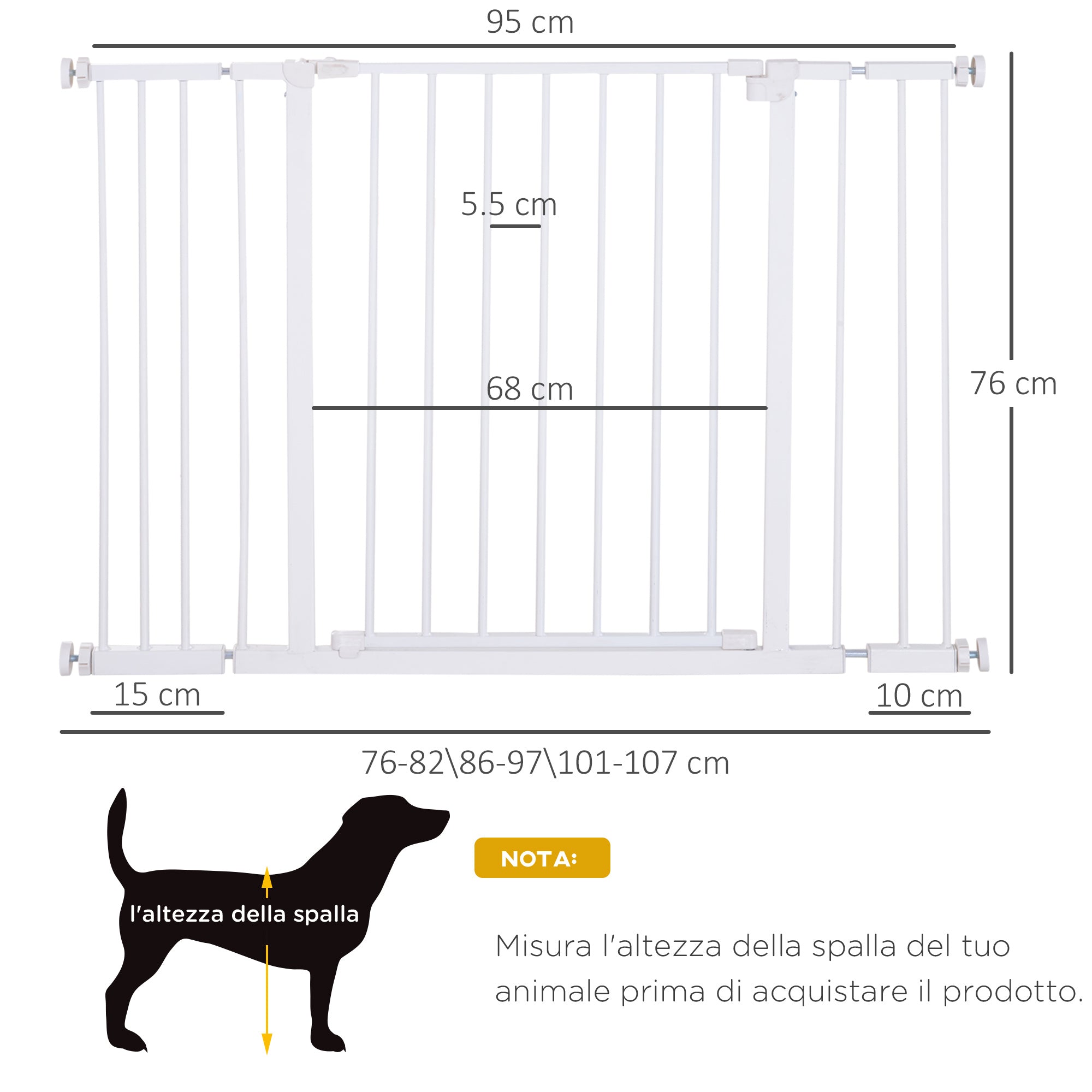 Cancelletto di Sicurezza per Animali Domestici 72-107 cm in Metallo Bianco