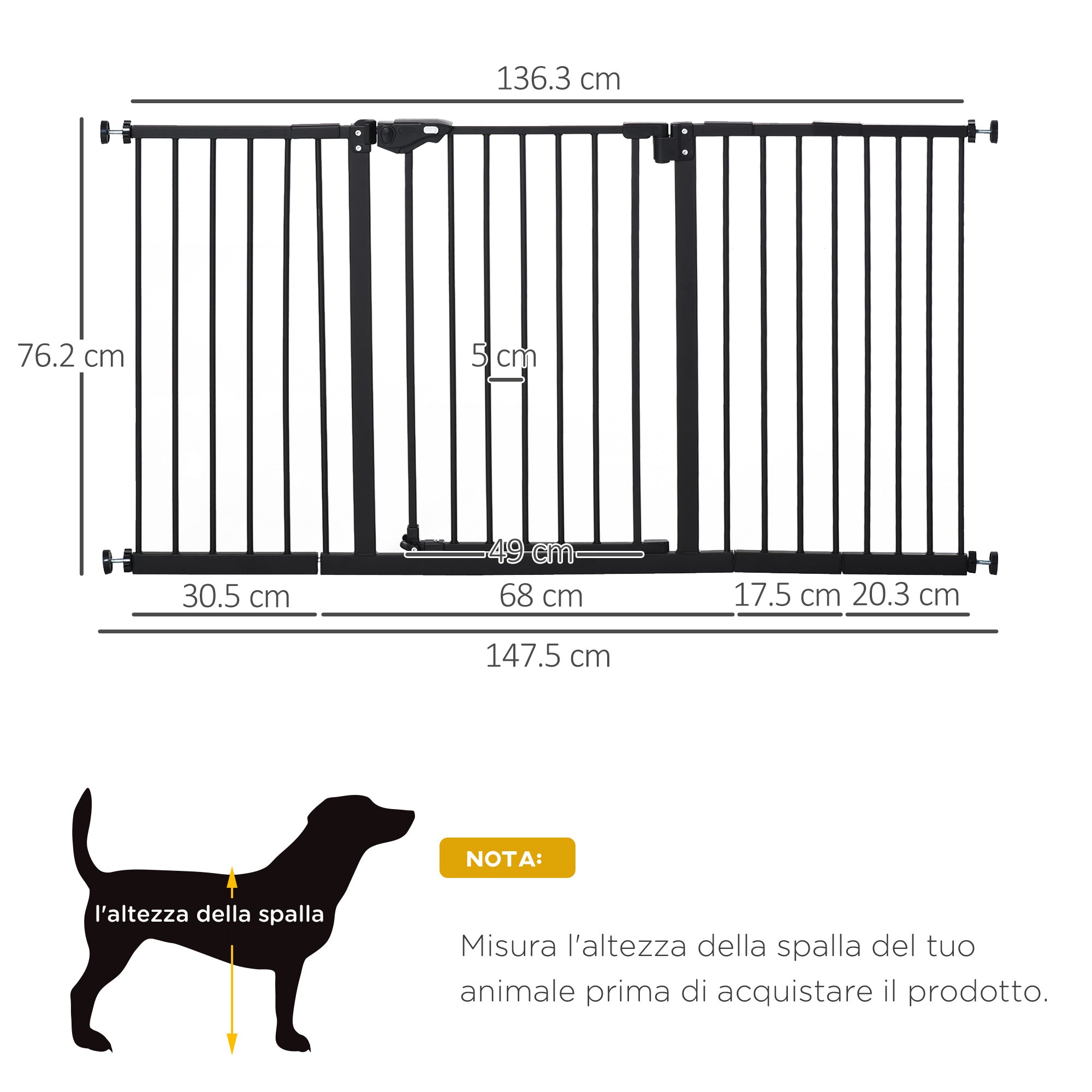 Cancelletto di Sicurezza per Animali Domestici 74-152,3 cm in Metallo Nero