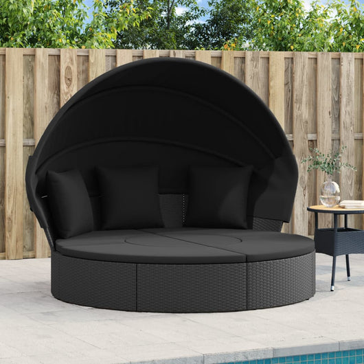 vidaXL Lettino Prendisole Esterno Tetto e Cuscini Nero in Polyrattan