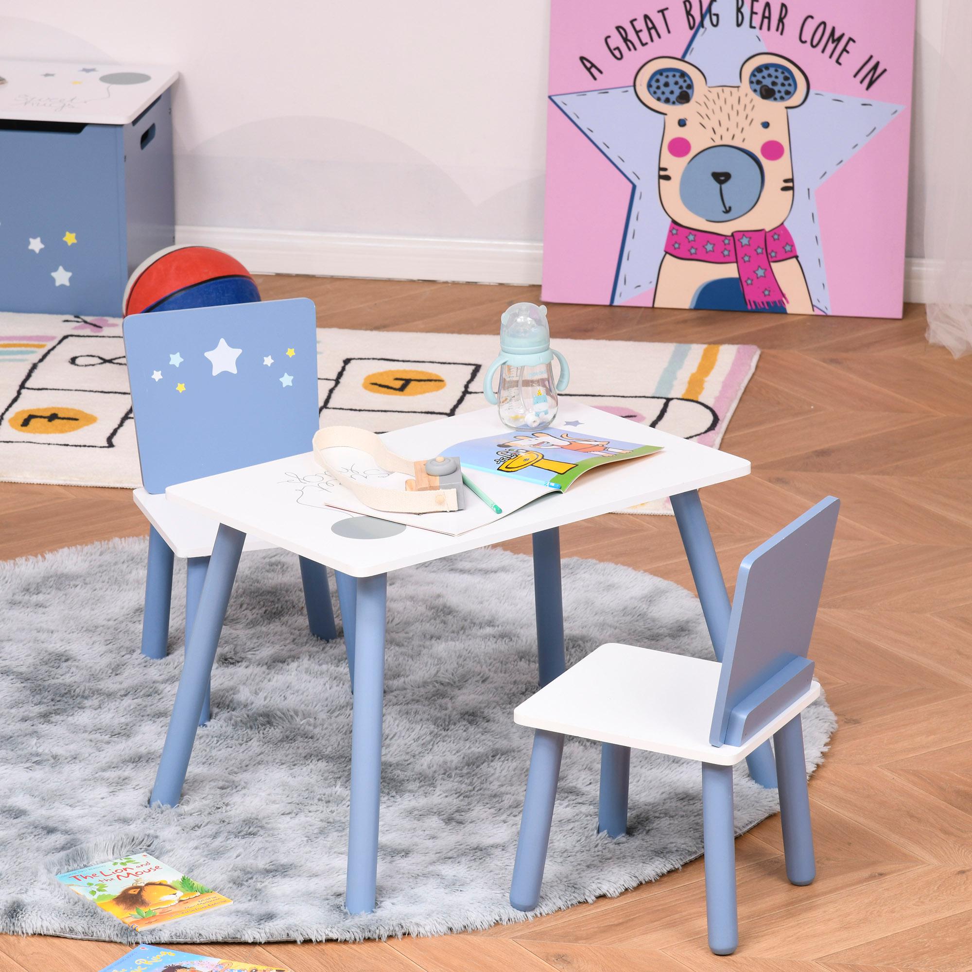 Set Tavolino con 2 Sedie per Bambini in Legno Azzurro e Bianco