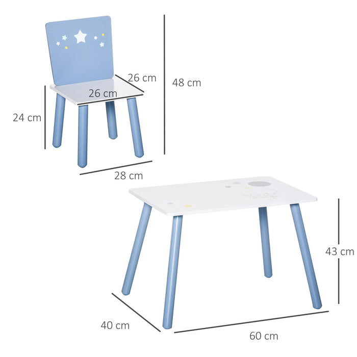 Set Tavolino con 2 Sedie per Bambini in Legno Azzurro e Bianco