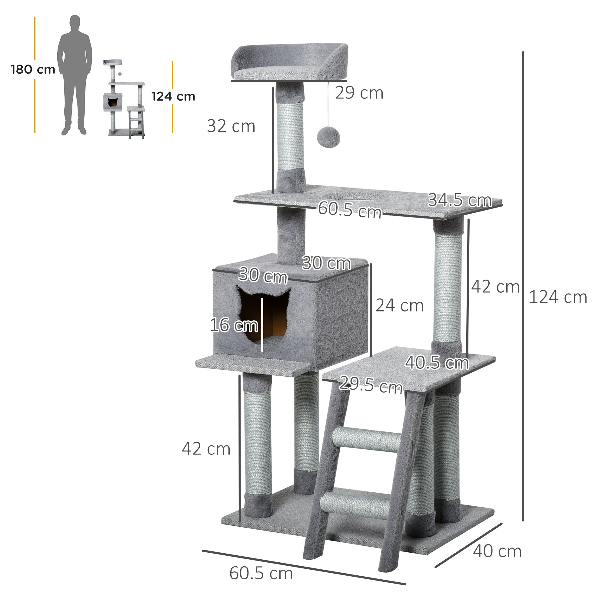 Albero Tiragraffi per Gatti 60,5x40x124 cm con Casetta e Corda di Juta Grigio