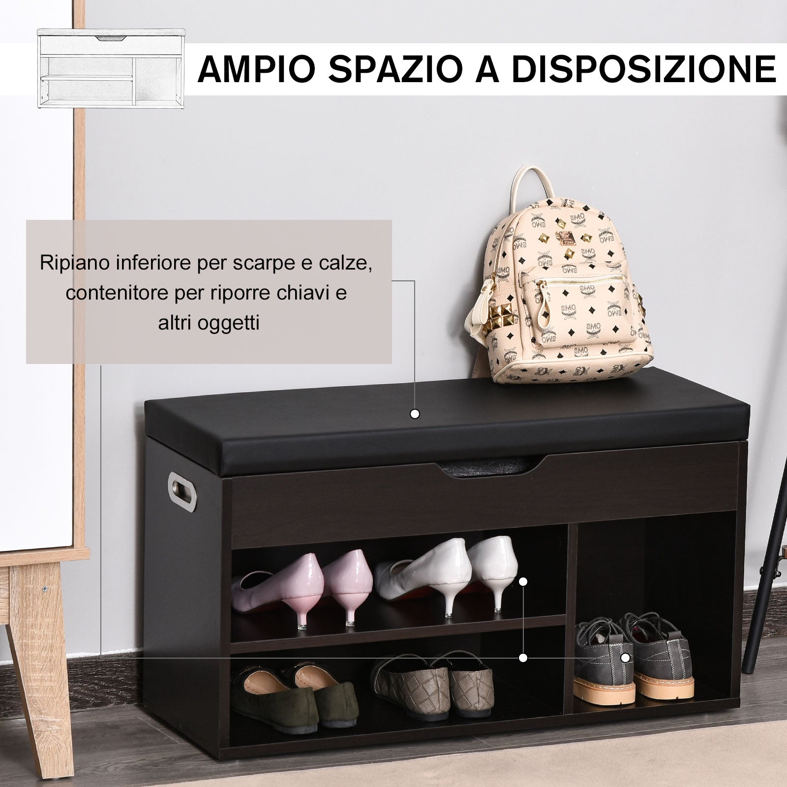 Mobile Scarpiera con Panca Contenitore 80x30x45 cm in Legno Truciolare Noce Scuro