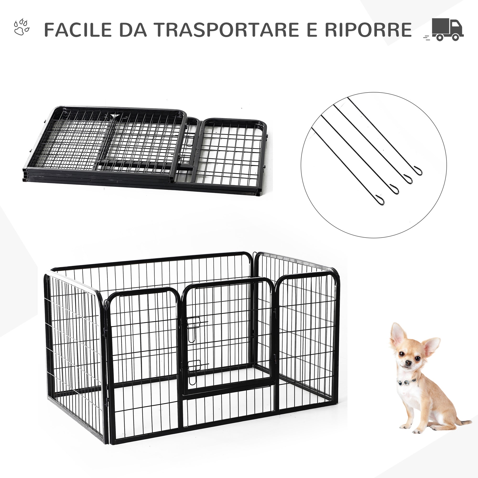 Recinto Recinzione per Animali Domestici 125x80x70 cm in Metallo Nero