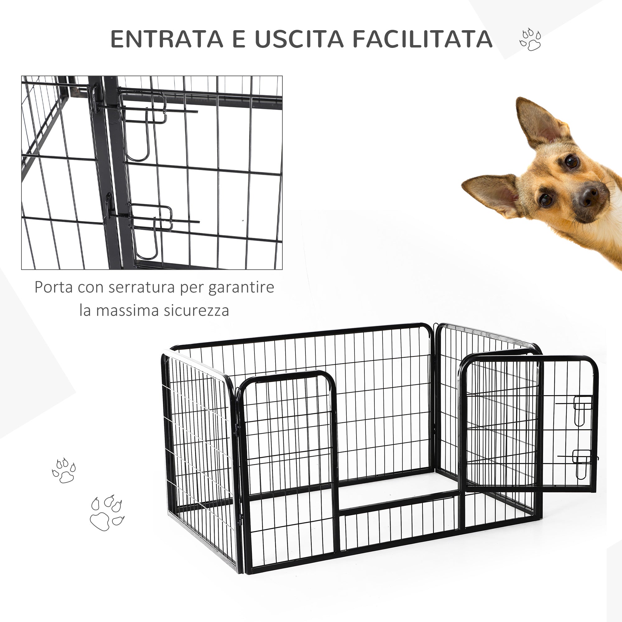 Recinto Recinzione per Animali Domestici 125x80x70 cm in Metallo Nero