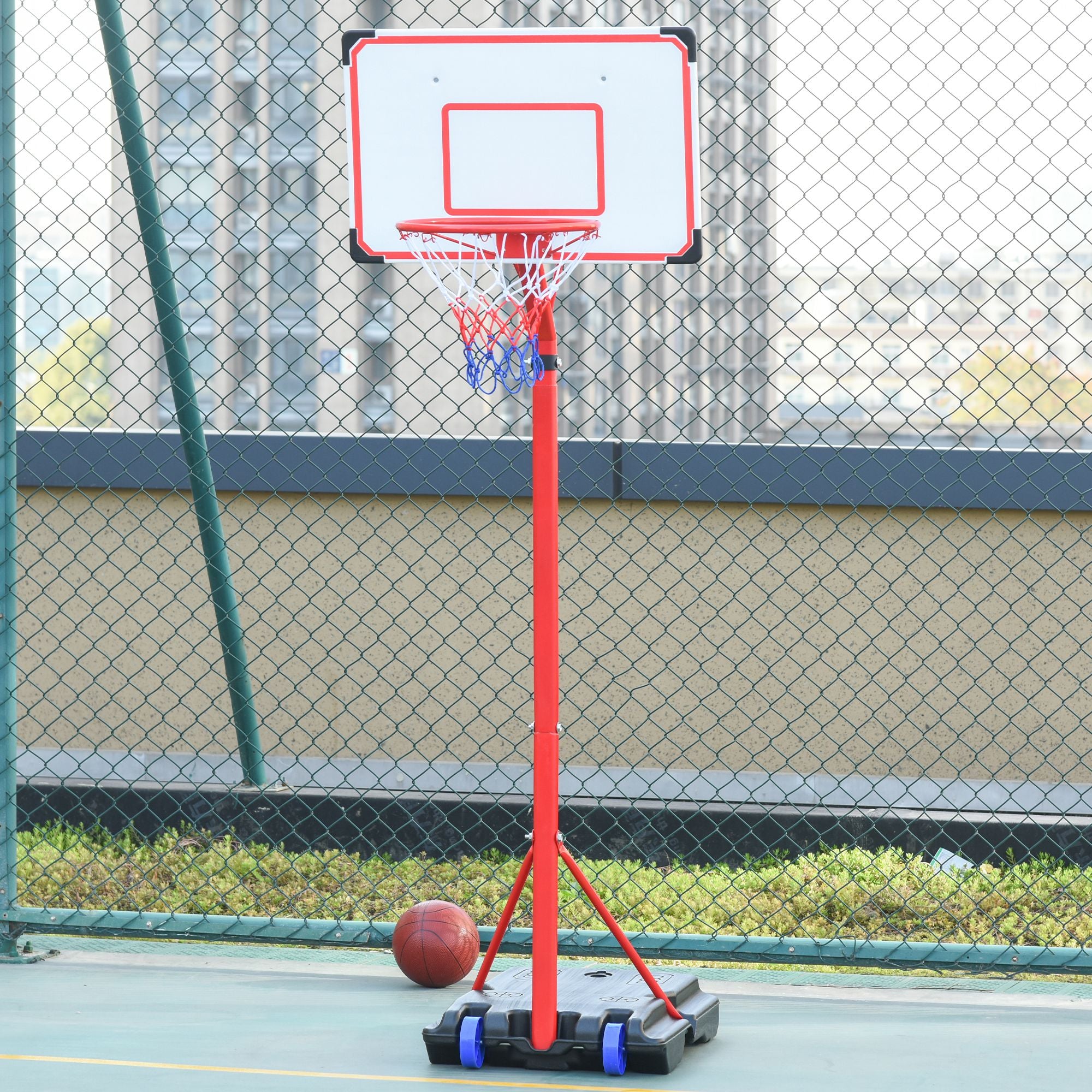 Canestro da Basket da Esterno con Supporto e Altezza Regolabile in Metallo Rosso e Bianco