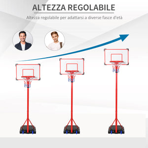 Canestro da Basket da Esterno con Supporto e Altezza Regolabile in Metallo Rosso e Bianco