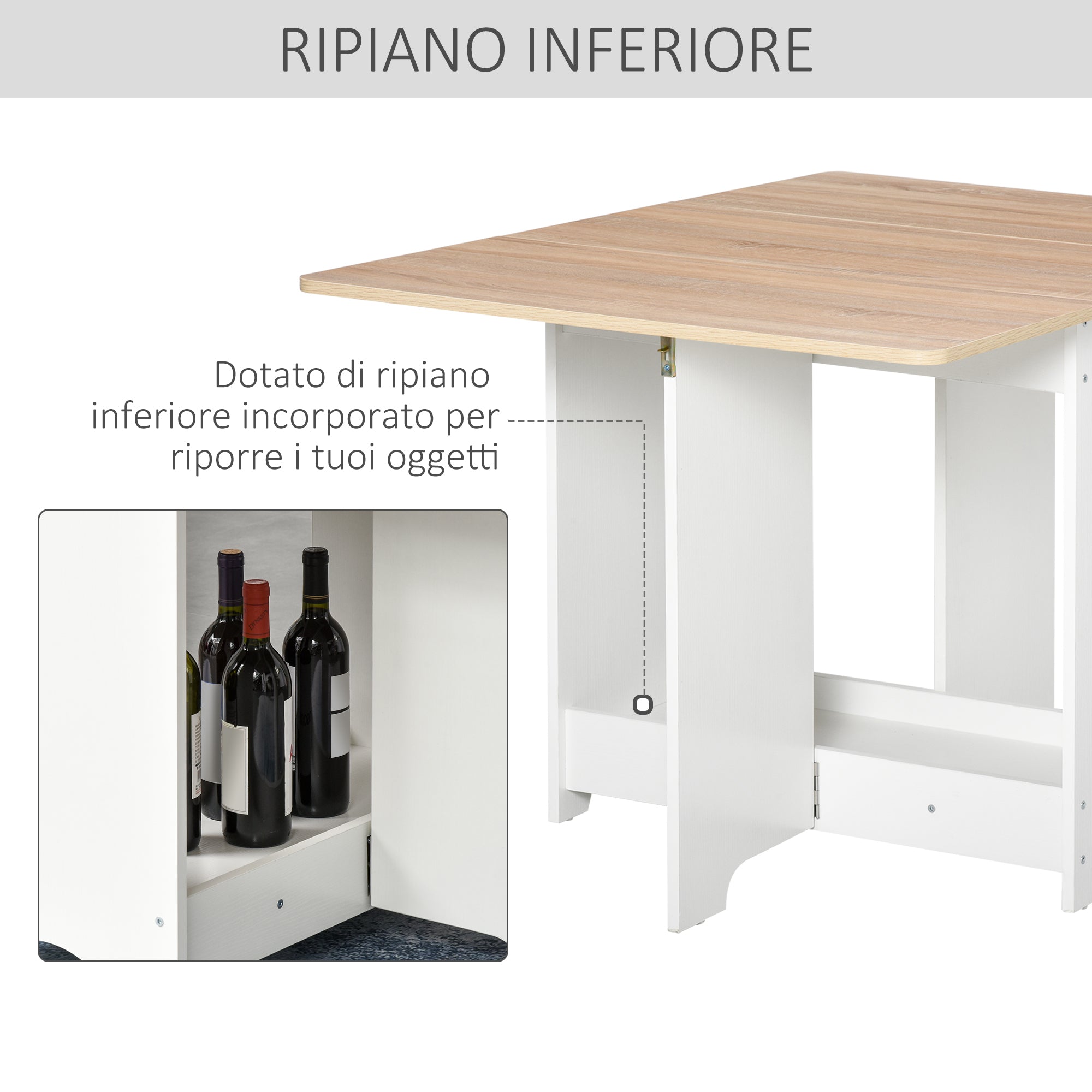 Tavolo Pieghevole Salvaspazio 118x80x72 cm in Legno Truciolare Bianco e Color Legno