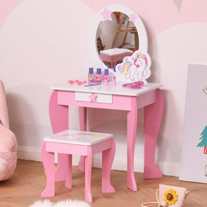 Specchiera Giocattolo per Bambini con Sgabello in MDF Rosa e Bianco