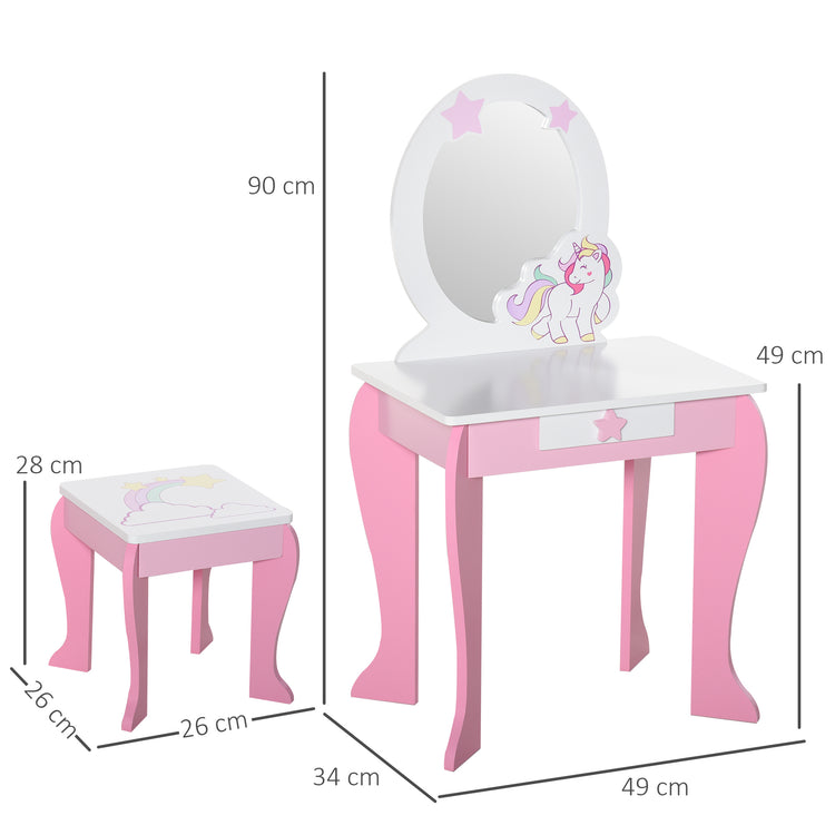 Specchiera Giocattolo per Bambini con Sgabello in MDF Rosa e Bianco