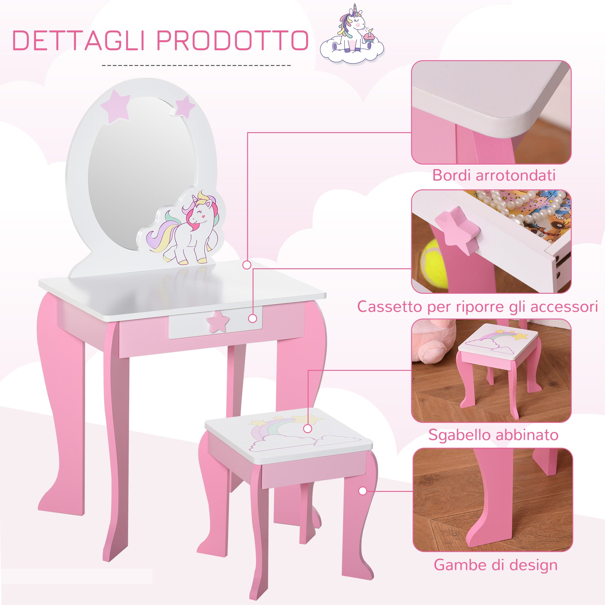 Specchiera Giocattolo per Bambini con Sgabello in MDF Rosa e Bianco